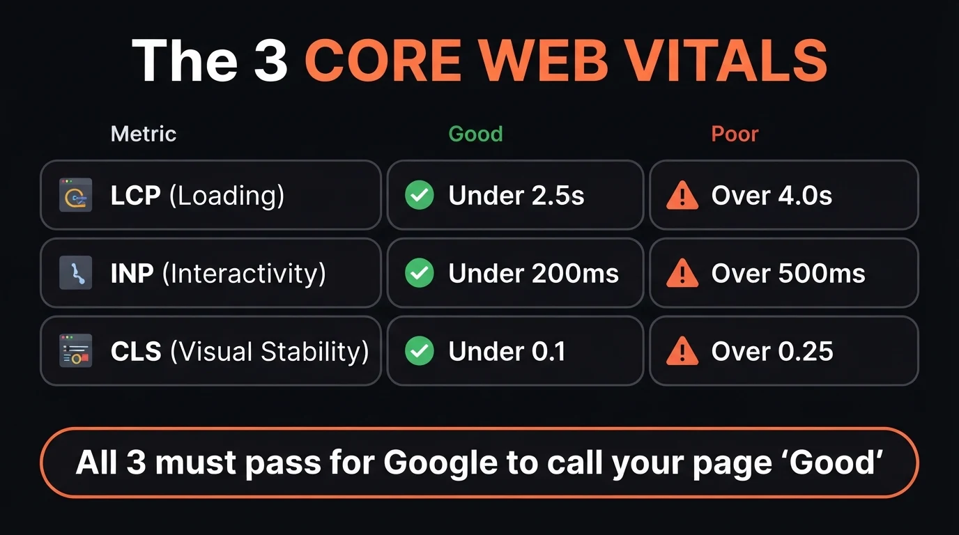 The three Core Web Vitals metrics — LCP, INP and CLS — good vs poor thresholds